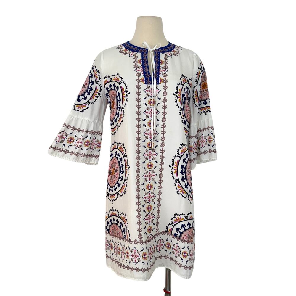 Johnny Was Lorianne Silk-Blend Abstract Mini Shift Dress 3/4 Sleeves Size S